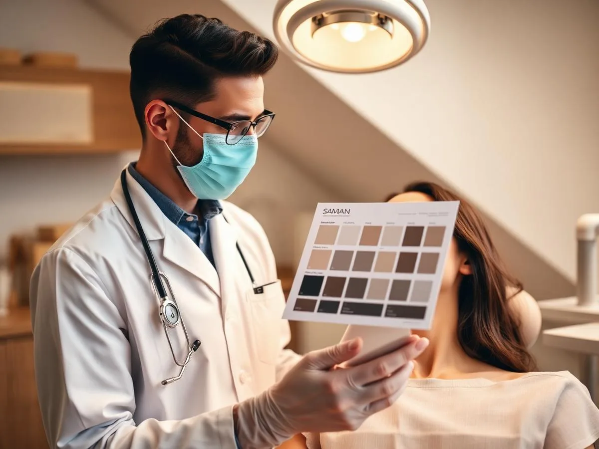 Cosmetic dentist matching a shade guide with a patient