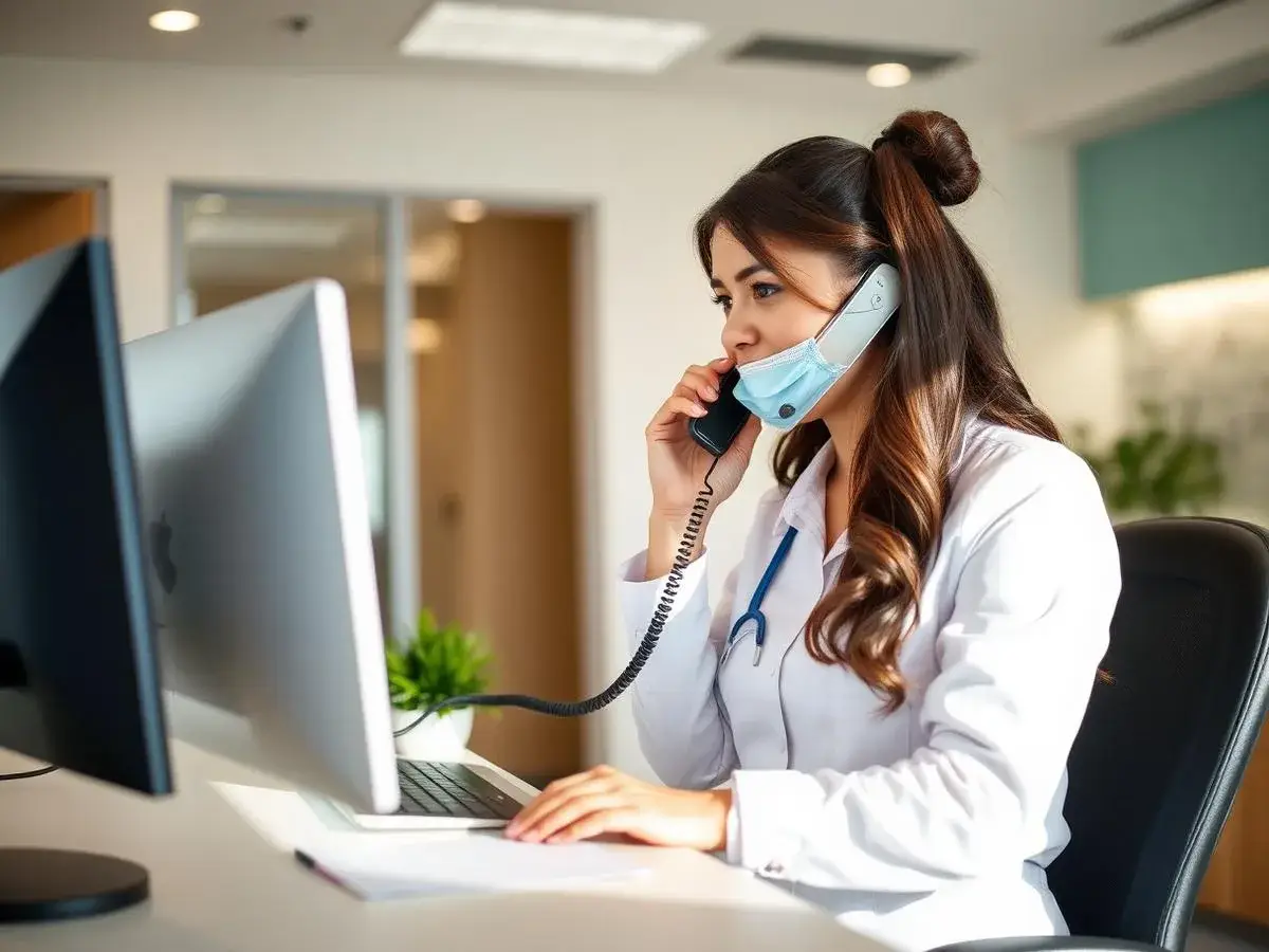 Dental front desk coordinator taking a phone call at a computer
