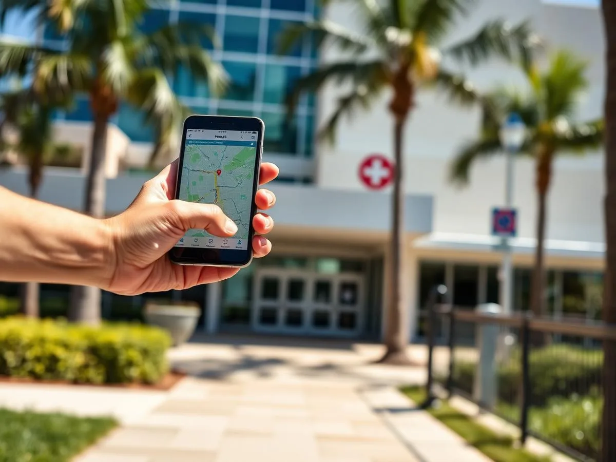 Person holding a phone with a map open outside a Florida medical building