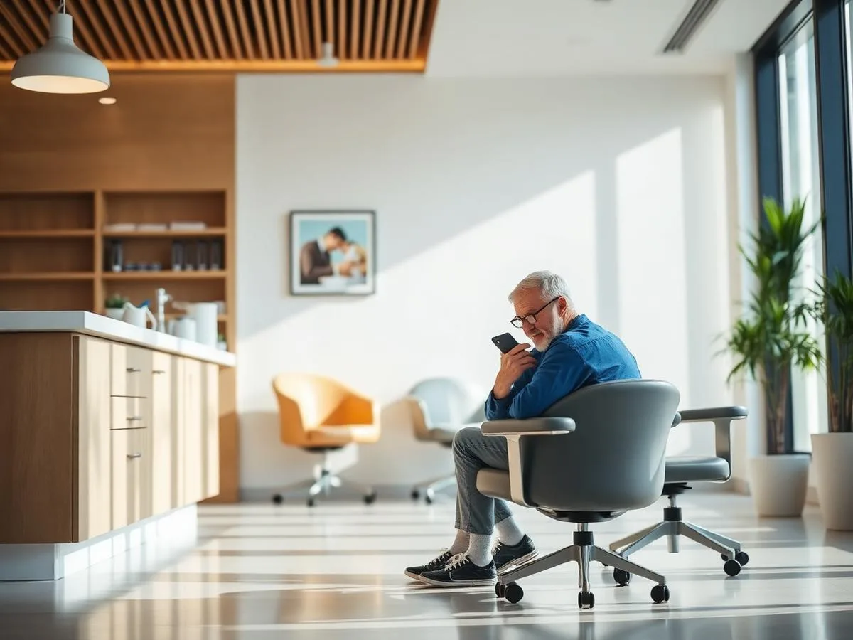 Dental patient sitting in a clinic waiting area looking at a smartphone