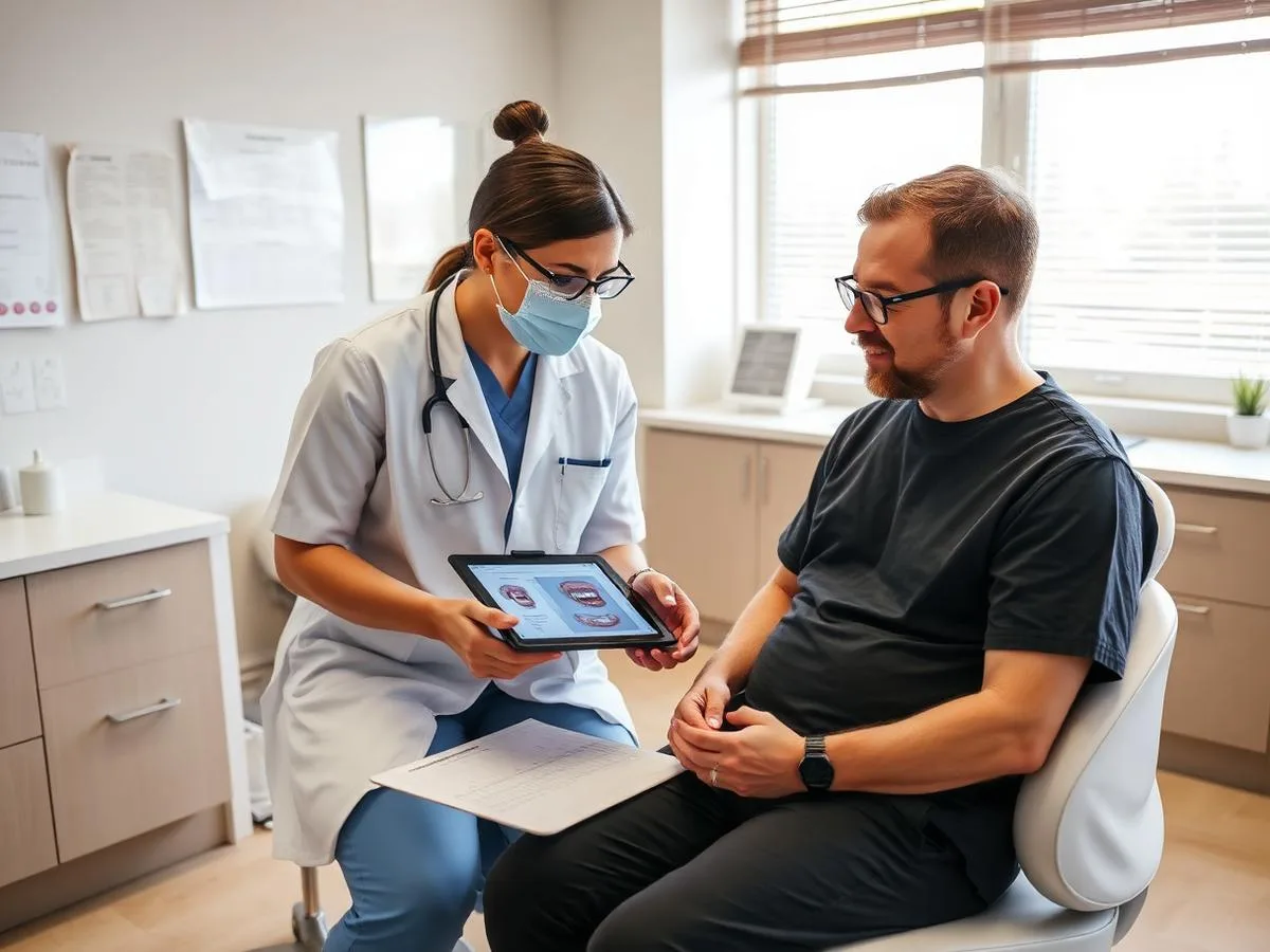 Dentist reviewing a treatment plan on a tablet with an adult patient