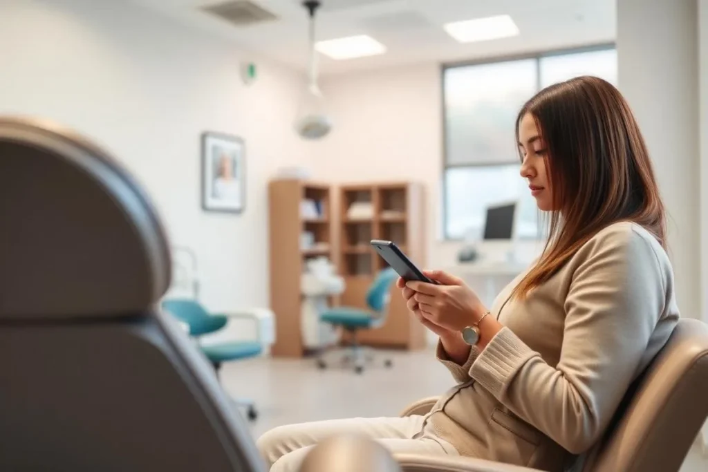 Patient using a smartphone in a dental waiting room
