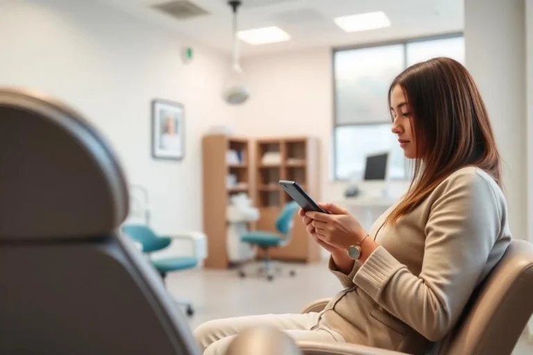Patient using a smartphone in a dental waiting room