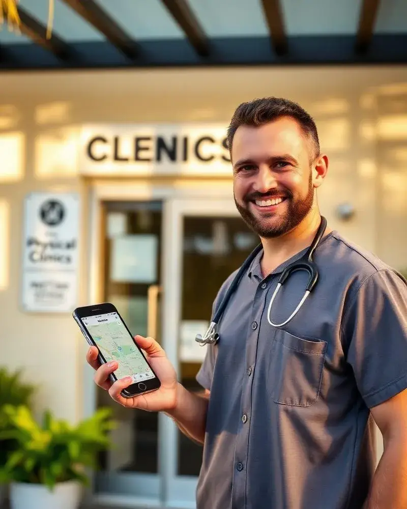 Physical therapist outside his Florida clinic checking a map listing on his phone