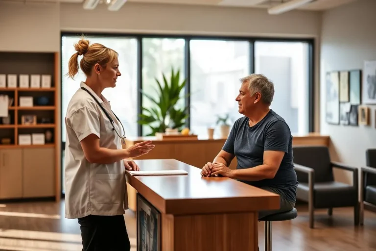 Physical therapist speaking with a patient at a clinic front desk