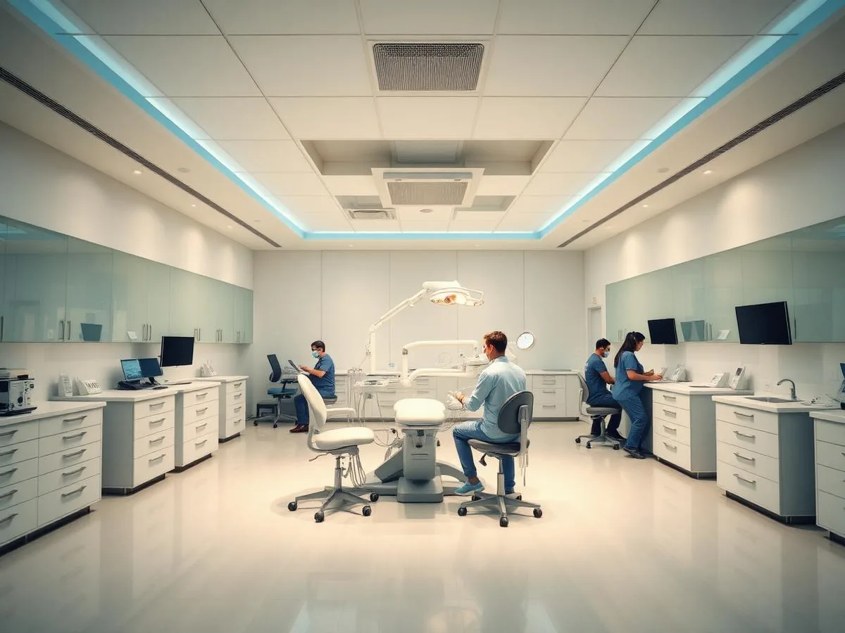 Wide view of a large multi-operatory dental practice with staff at work