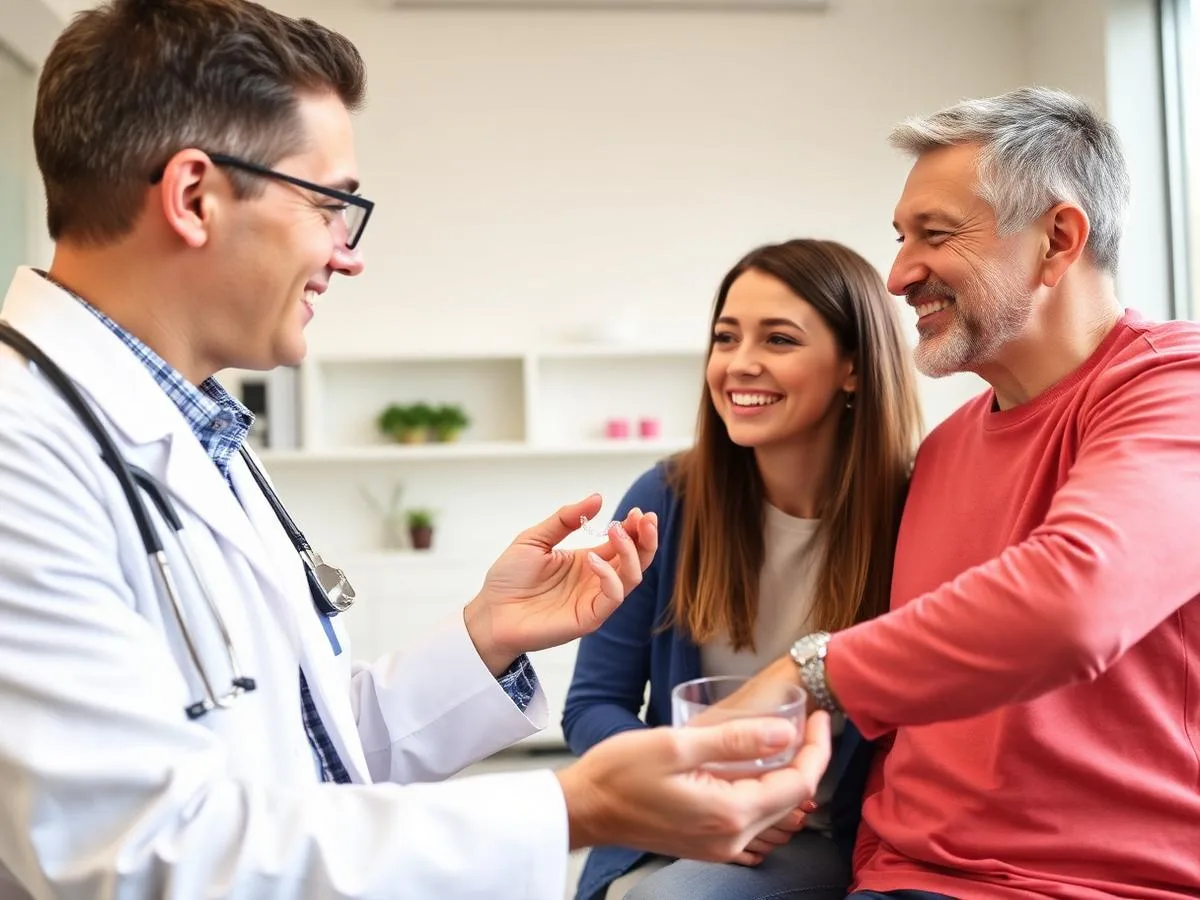 Orthodontist showing a clear aligner to a patient and parent