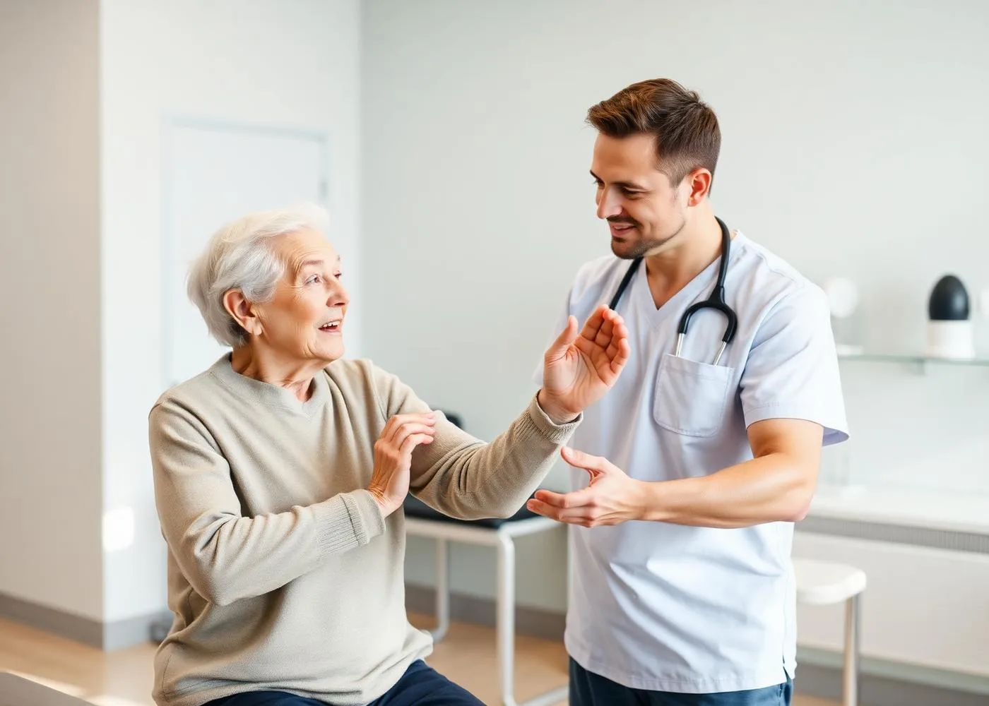 Physical therapist guiding a patient through a rehabilitation exercise