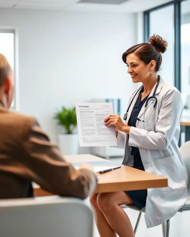 Analyst presenting a one-page performance report to a doctor in a clinic office